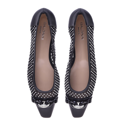 Ballerine noire en cuir de veau, résille et strass