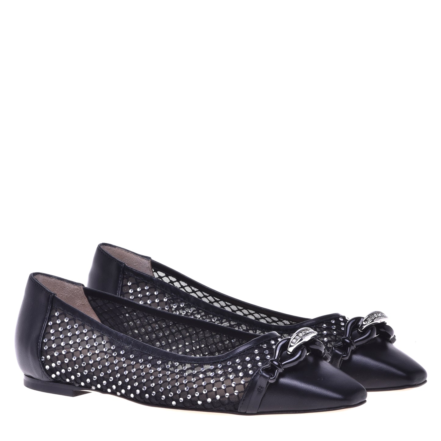 Ballerine noire en cuir de veau, résille et strass