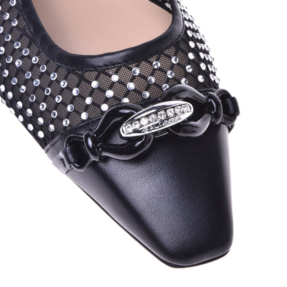 Ballerine noire en cuir de veau, résille et strass