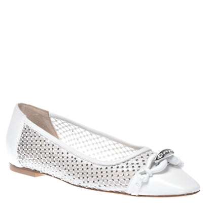 Ballerine blanche en cuir de veau et résille strass