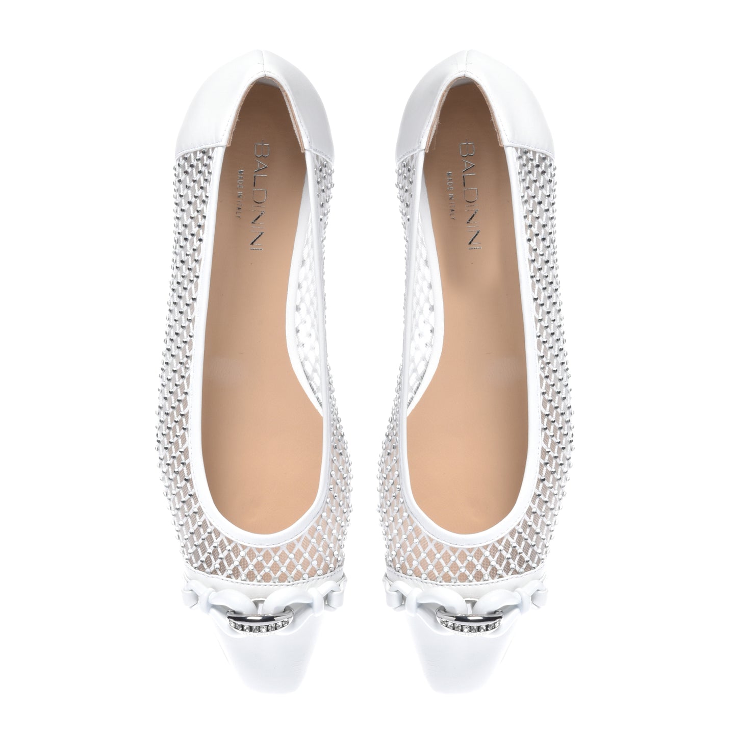 Ballerine blanche en cuir de veau et résille strass