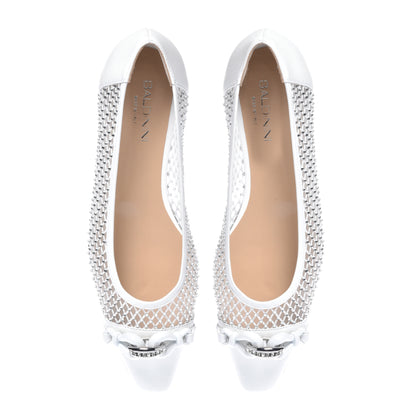 Ballerine blanche en cuir de veau et résille strass
