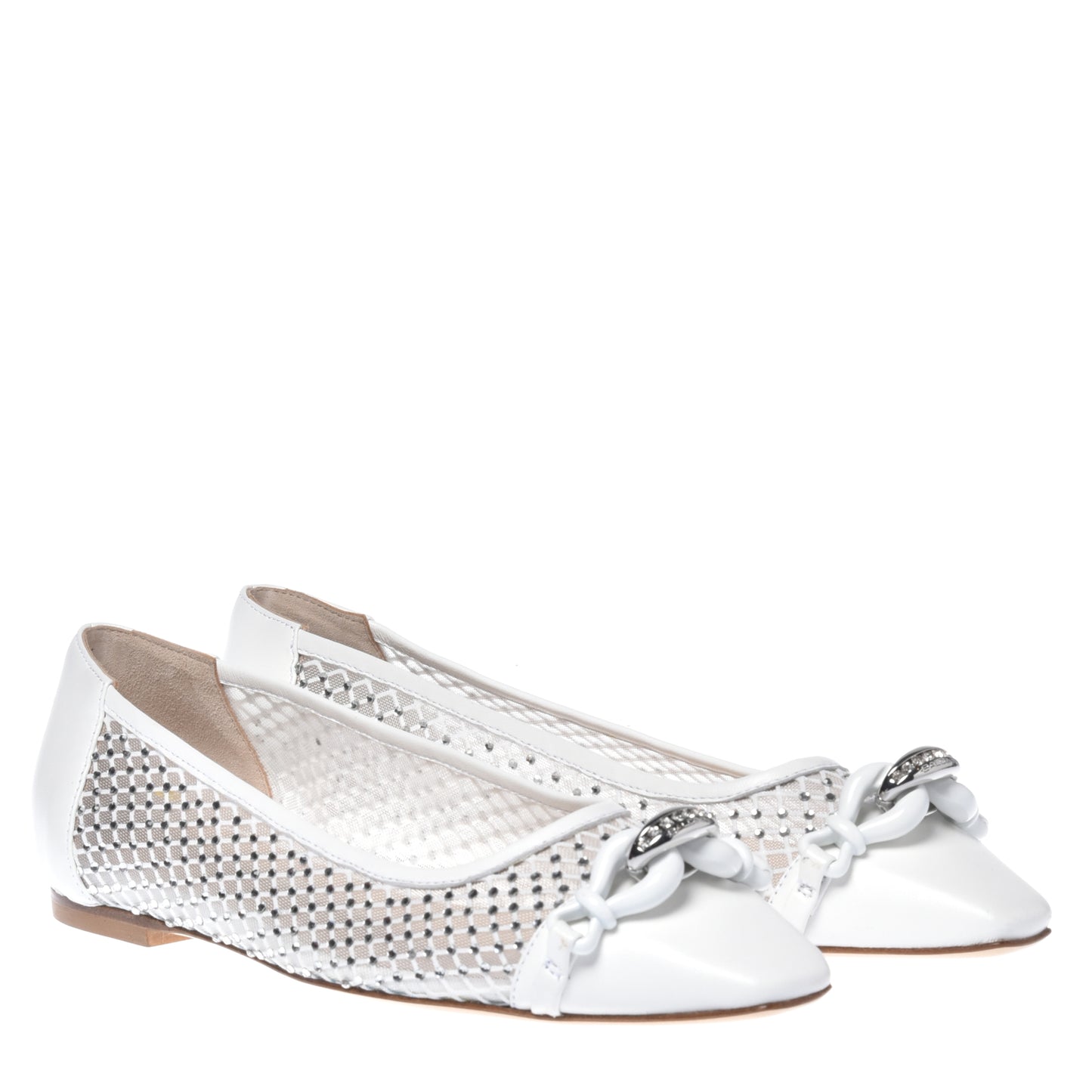 Ballerine blanche en cuir de veau et résille strass