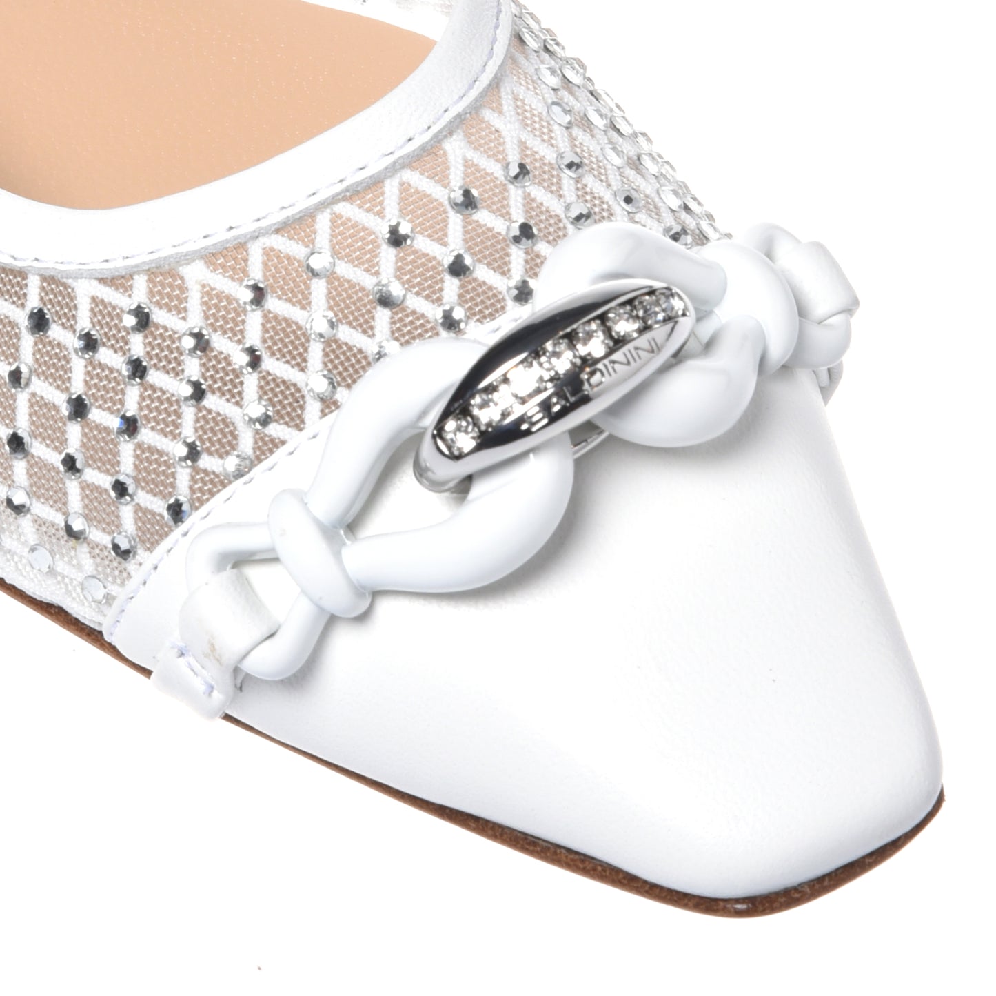 Ballerine blanche en cuir de veau et résille strass