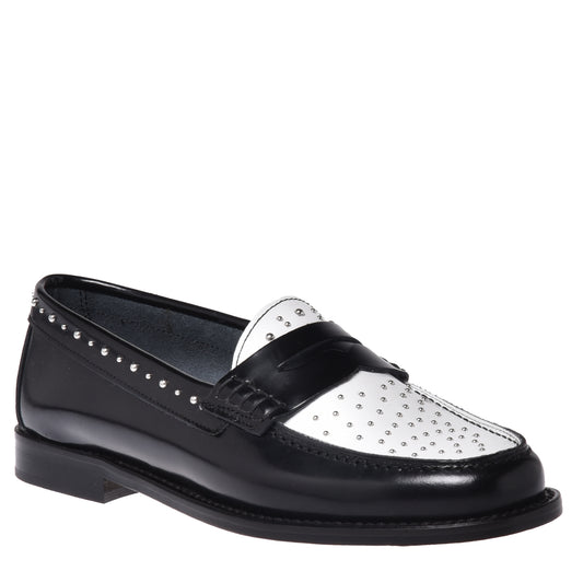 Mocassins noir et blanc en cuir de veau brillant