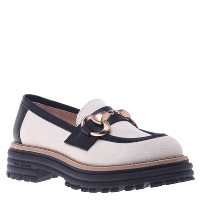 Mocassins en cuir de veau et toile noir et beige