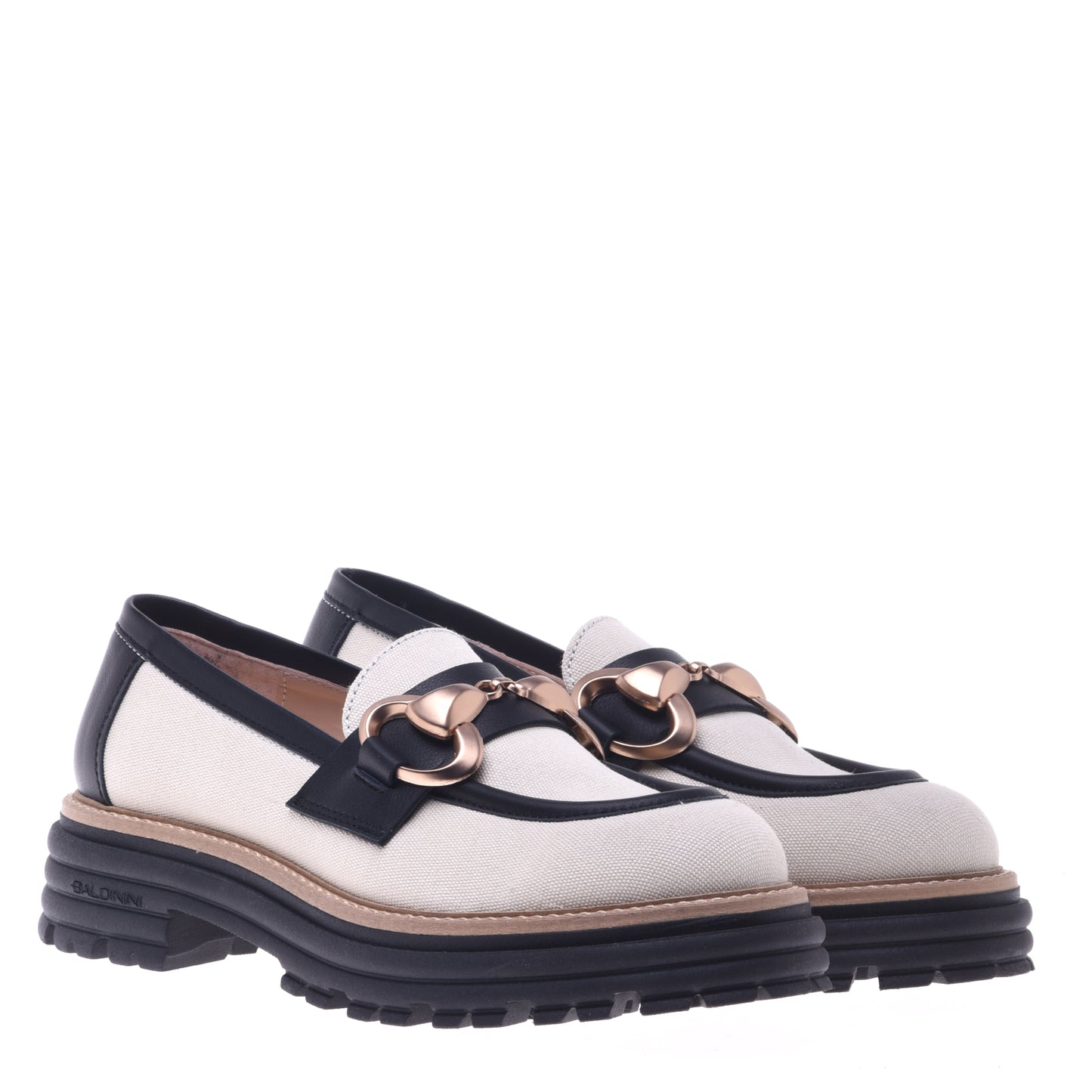 Mocassins en cuir de veau et toile noir et beige