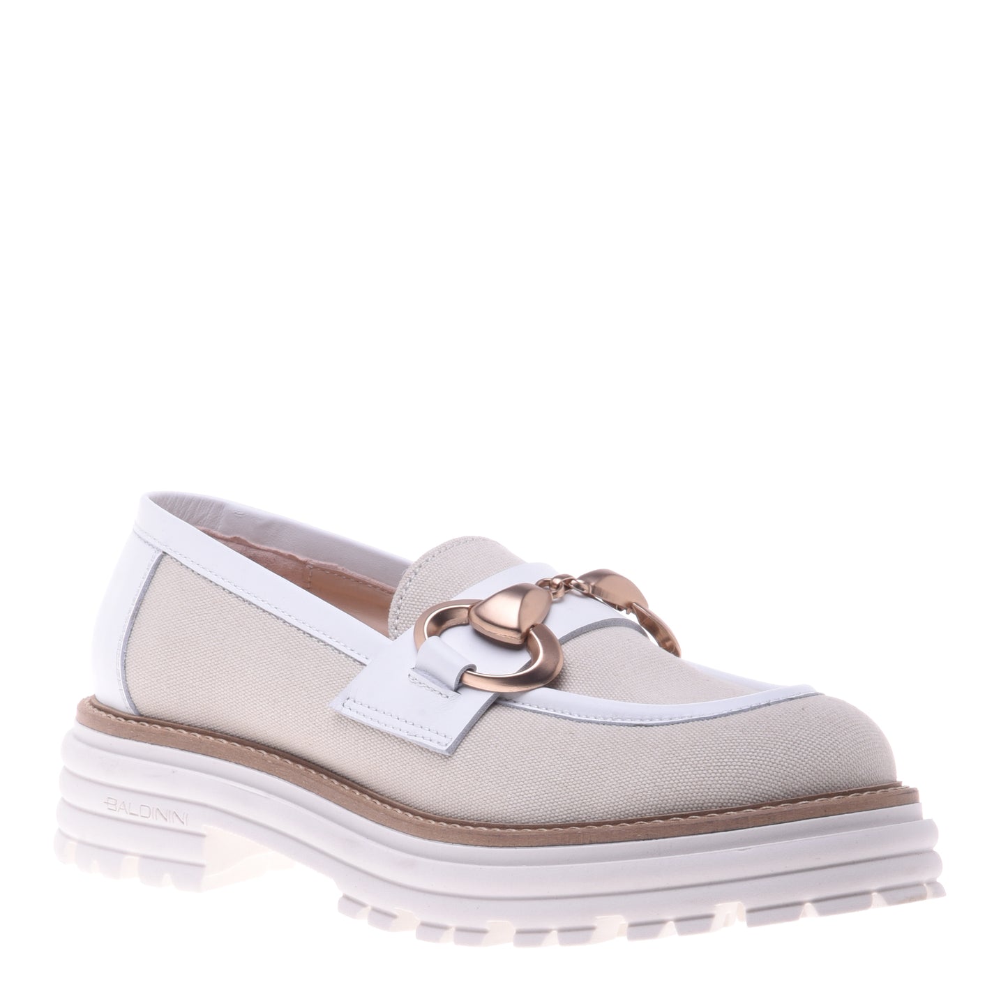 Mocassins en cuir de veau et toile blanc et beige