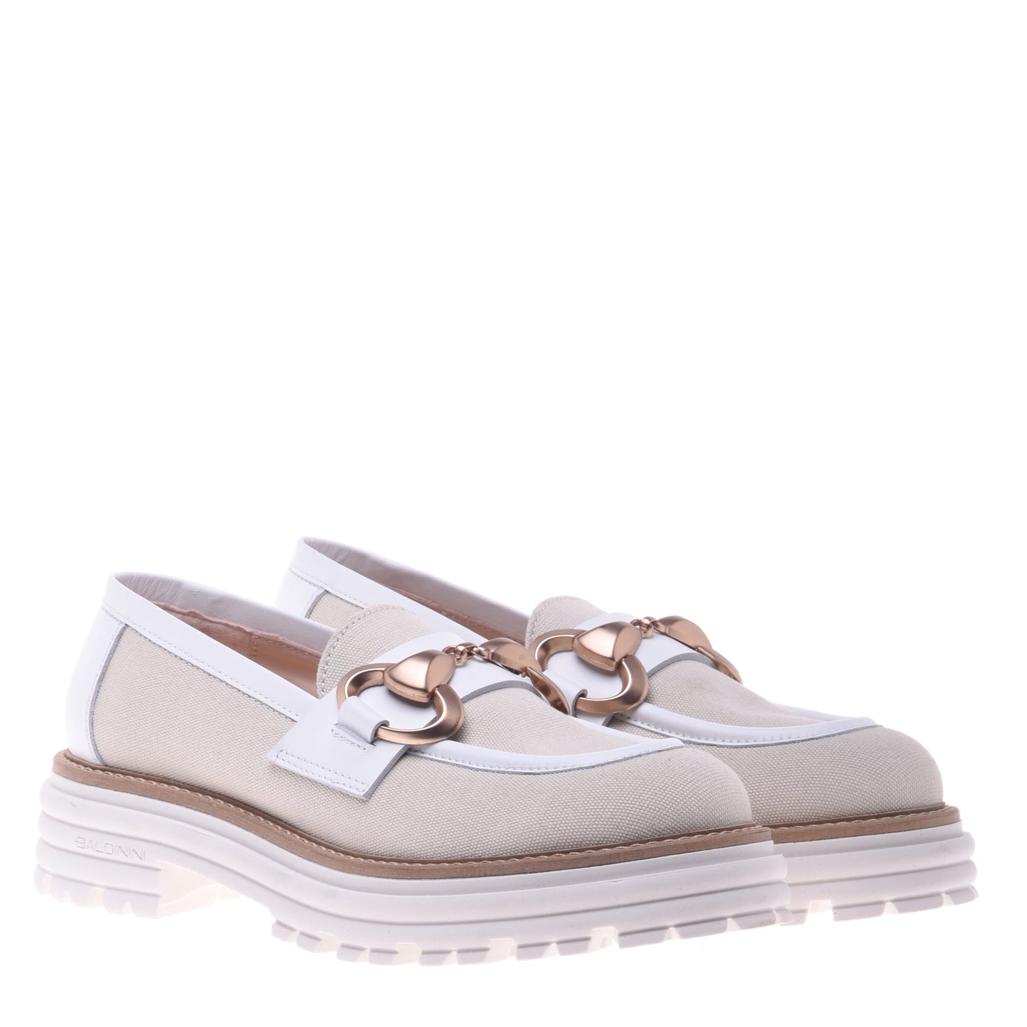 Mocassins en cuir de veau et toile blanc et beige