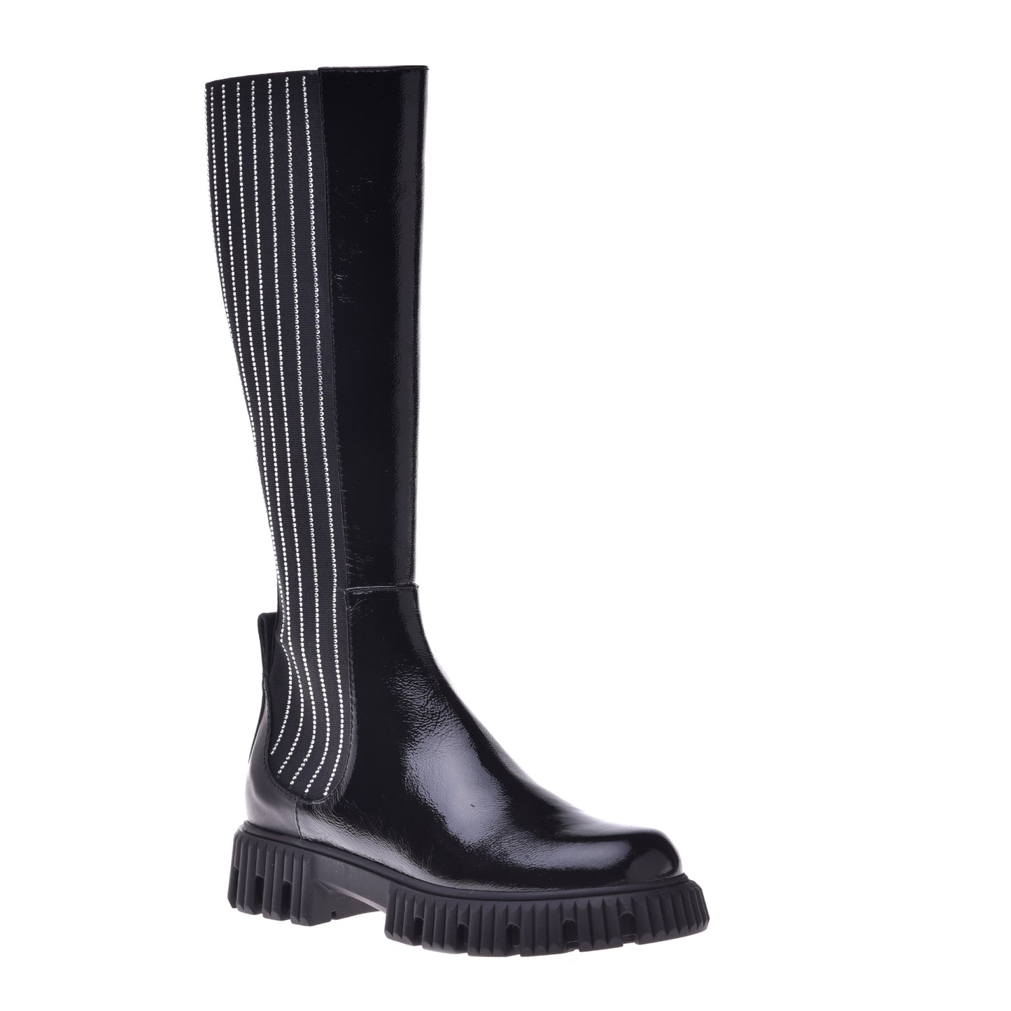 Black boots in naplak and elastic with rhinestones