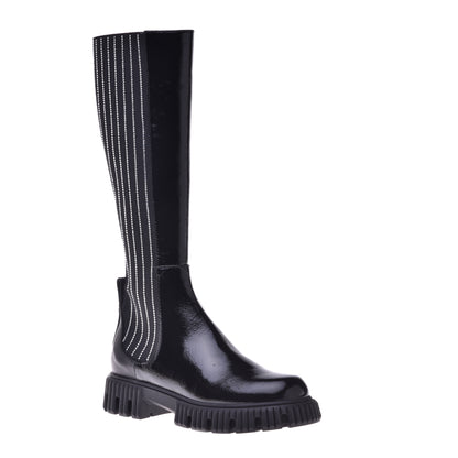 Black boots in naplak and elastic with rhinestones