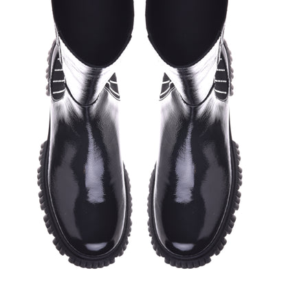 Black boots in naplak and elastic with rhinestones