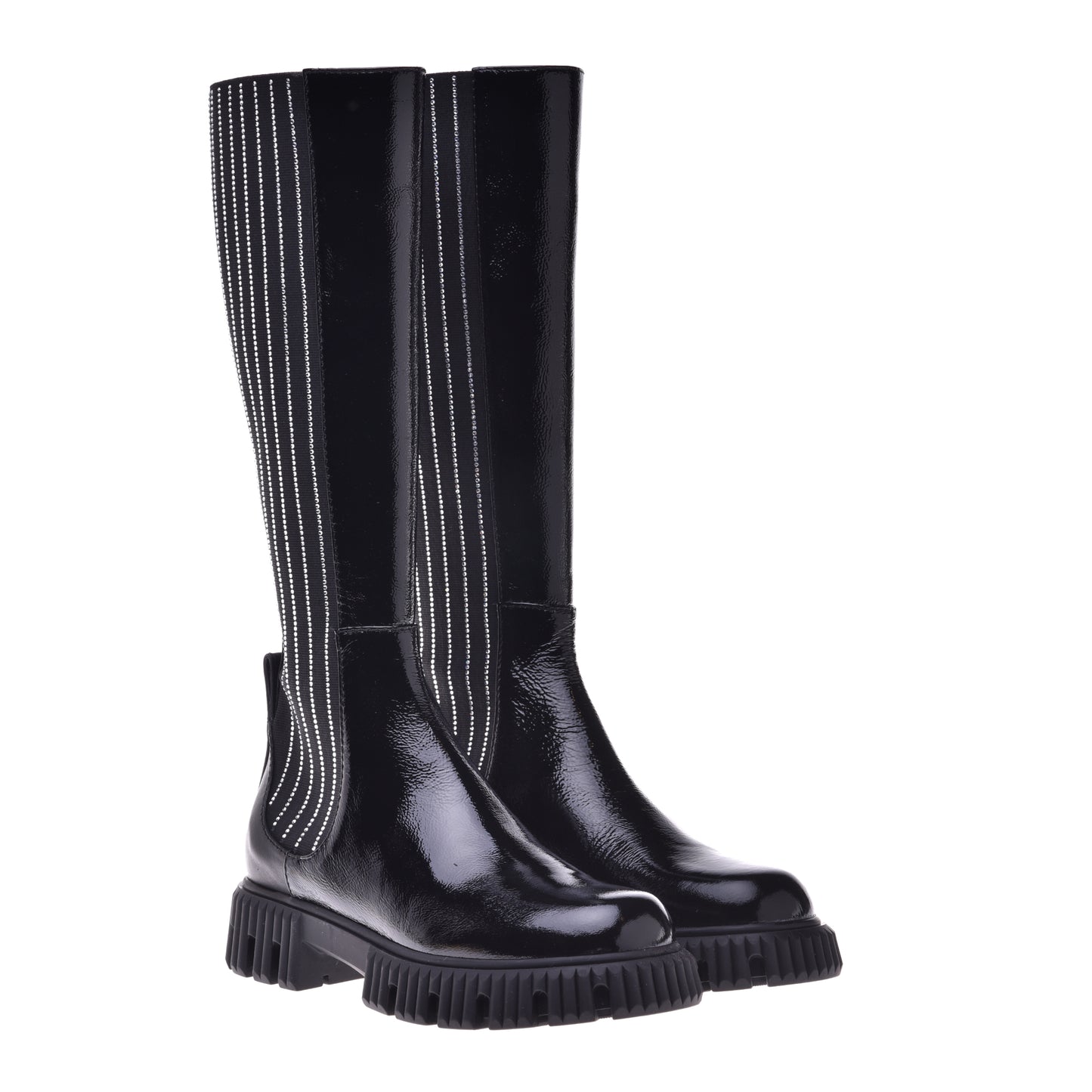 Black boots in naplak and elastic with rhinestones