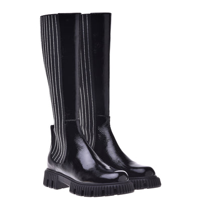 Black boots in naplak and elastic with rhinestones