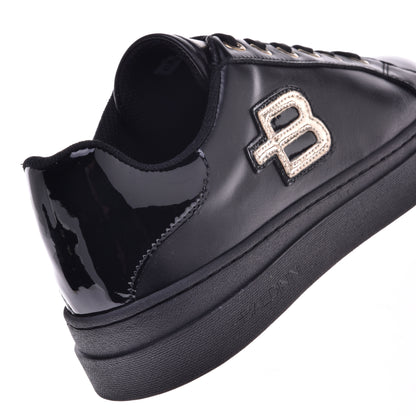 Baskets en cuir noir et cuir lamé noir