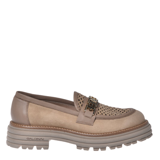 Mocassino in camoscio beige e camoscio traforato