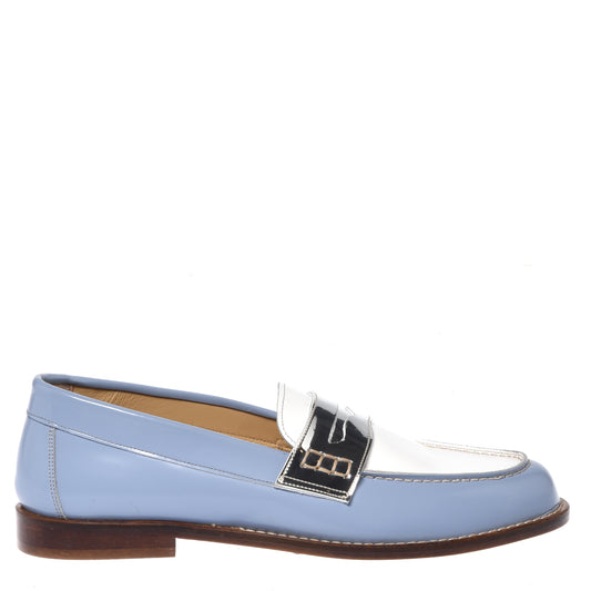 Mocassino in pelle spazzolata azzurra e pelle specchiata argento