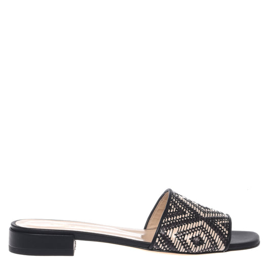 Mule en raphia noir et blanc cassé