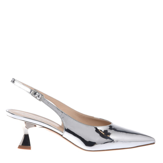 Silver mirrored leather slingback