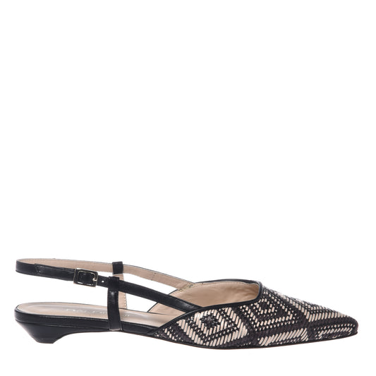 Slingback in rafia nera e bianco sporco