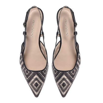 Slingback en raphia noir et blanc cassé