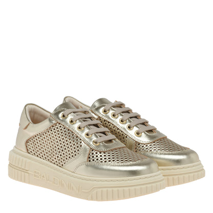 Perforated light gold laminated nappa leather sneaker