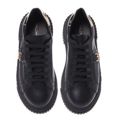 Sneaker en cuir noir et cuir miroir or clair