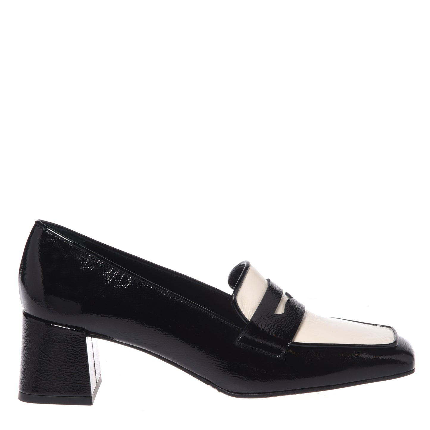 Black and white naplak heeled loafers