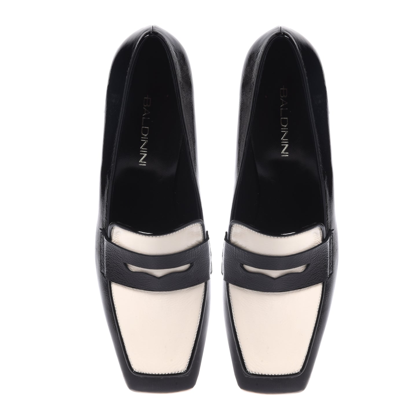 Black and white naplak heeled loafers