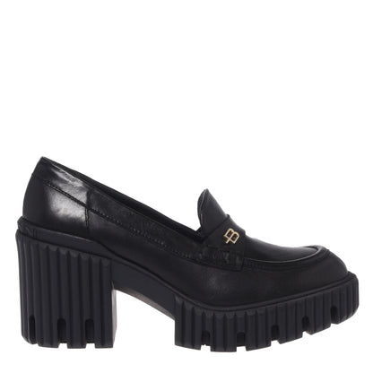 Black leather heeled loafers