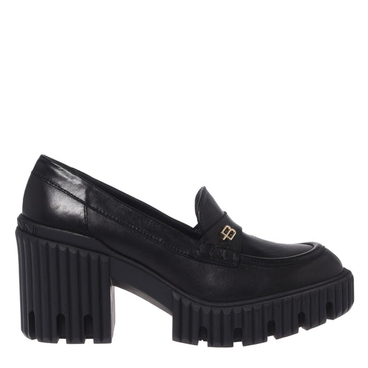 Black leather heeled loafers