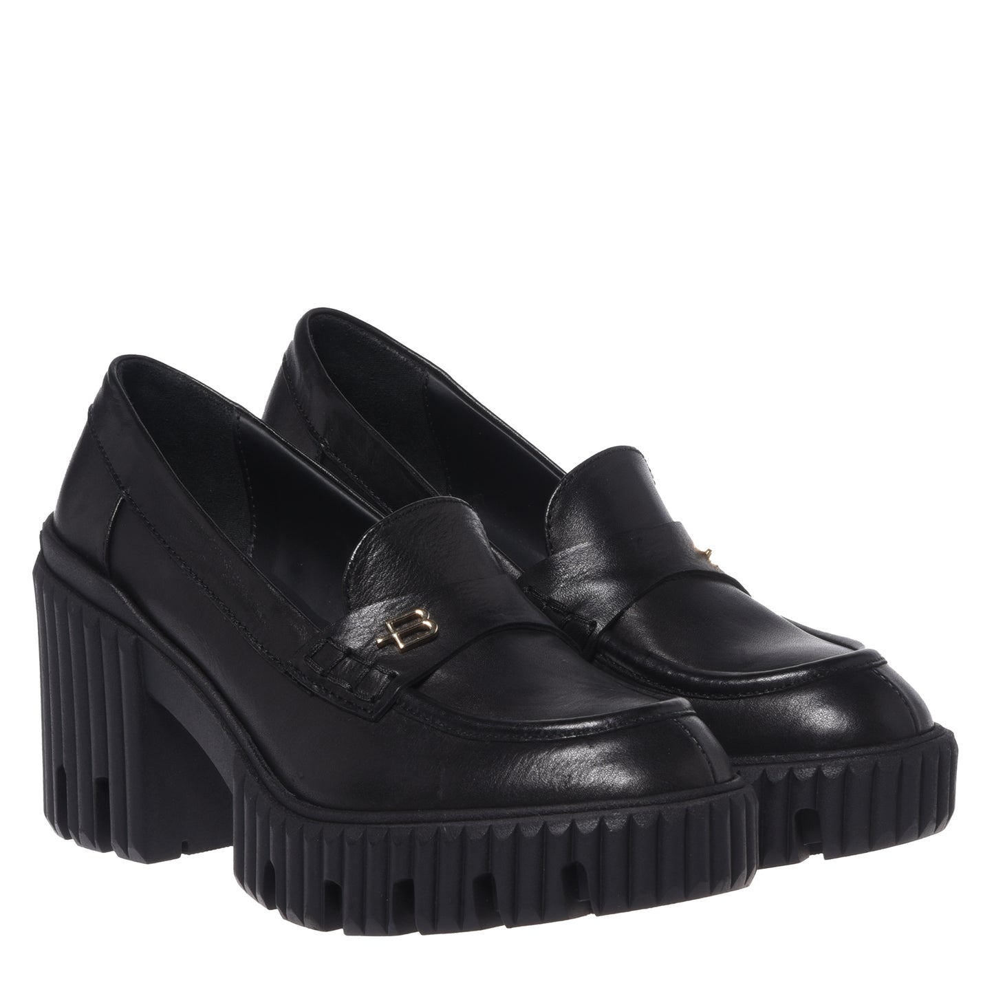 Black leather heeled loafers
