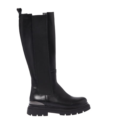 Black leather boots with elastic at the back