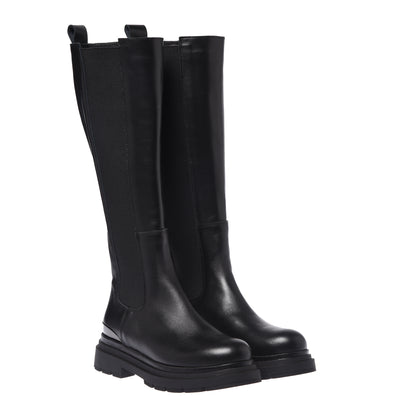 Black leather boots with elastic at the back