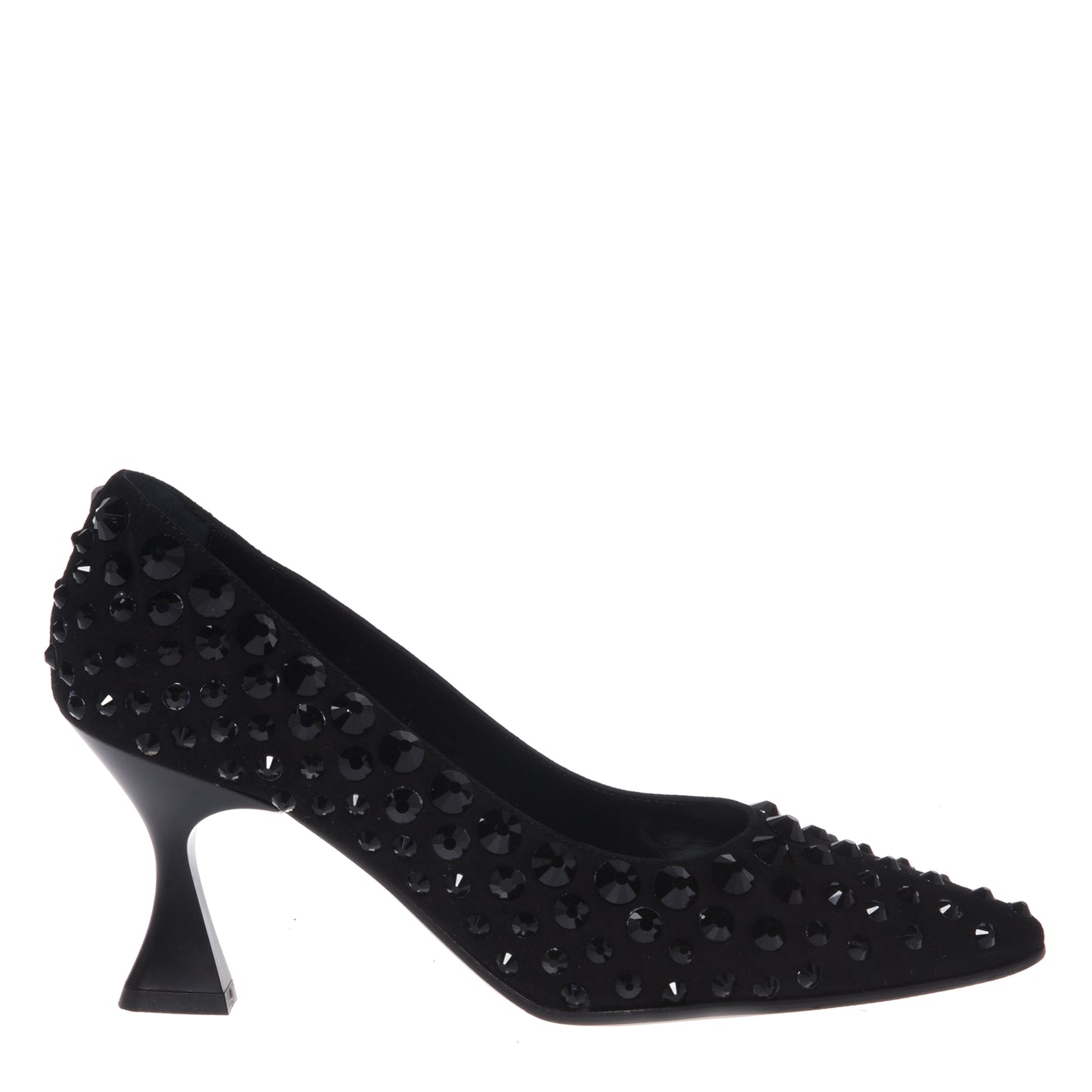 Black suede pumps with rhinestones