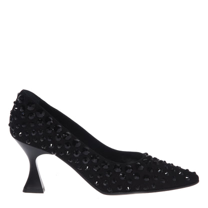 Black suede pumps with rhinestones