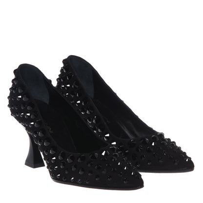 Black suede pumps with rhinestones