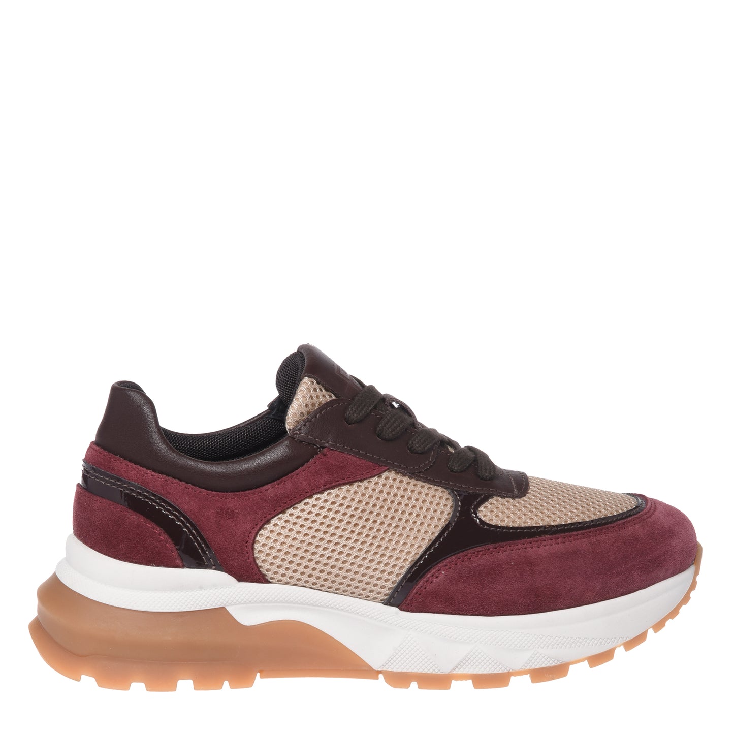 Burgundy suede and beige mesh fabric sneaker