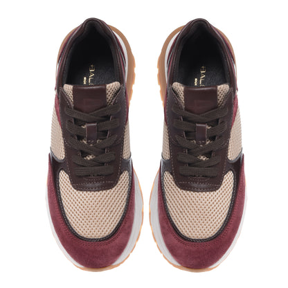 Burgundy suede and beige mesh fabric sneaker