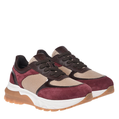 Burgundy suede and beige mesh fabric sneaker
