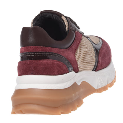Burgundy suede and beige mesh fabric sneaker