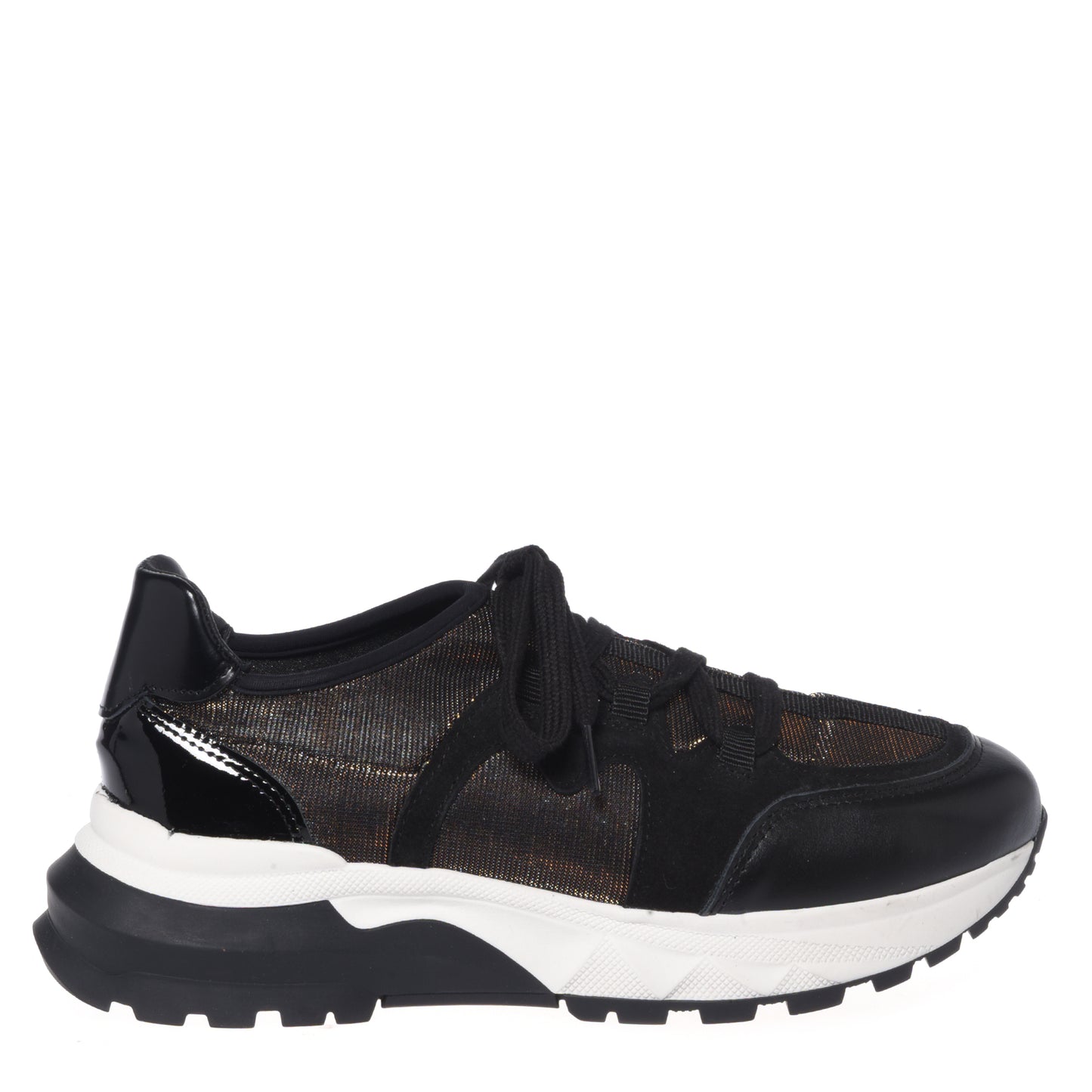 Black sneakers in patent leather and stretch fabric