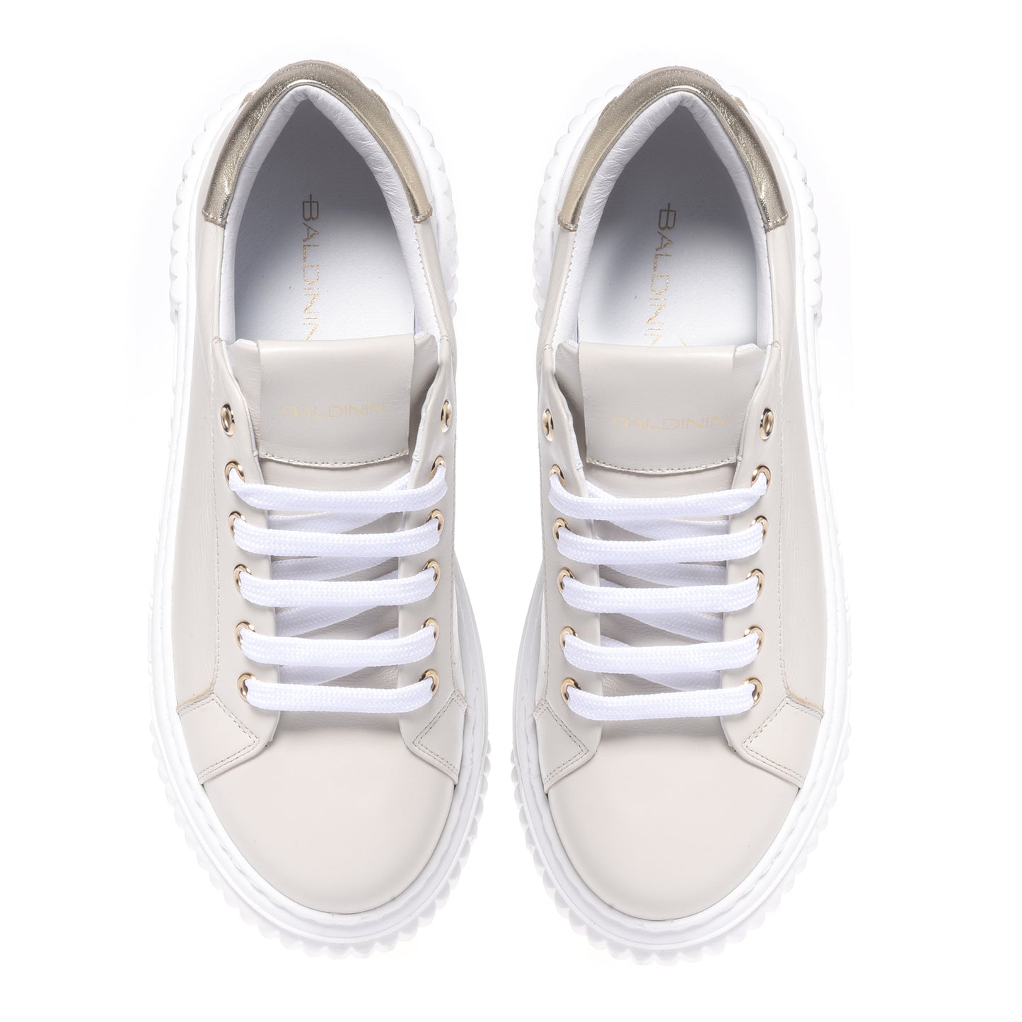 White leather and light gold mirror effect leather sneakers