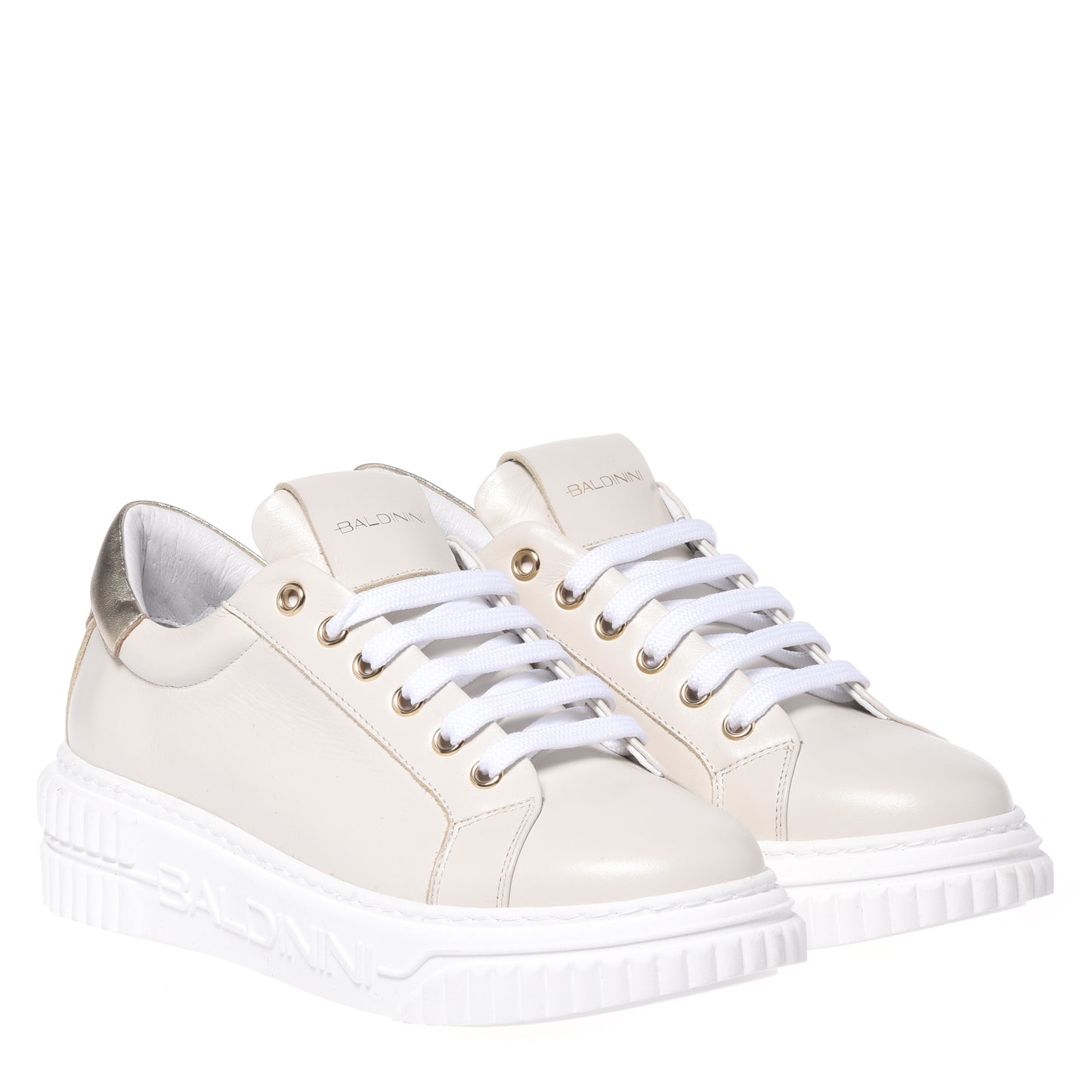 White leather and light gold mirror effect leather sneakers