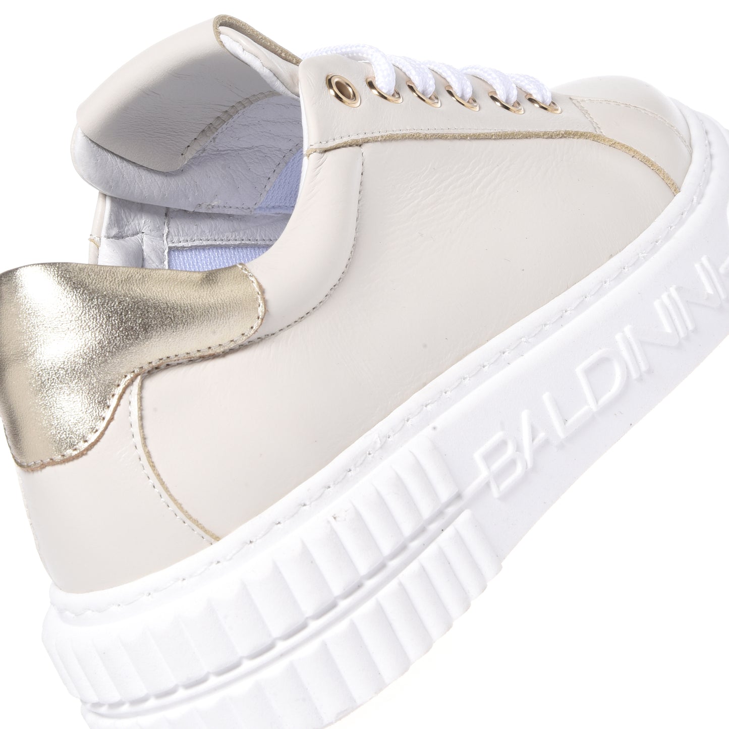 White leather and light gold mirror effect leather sneakers