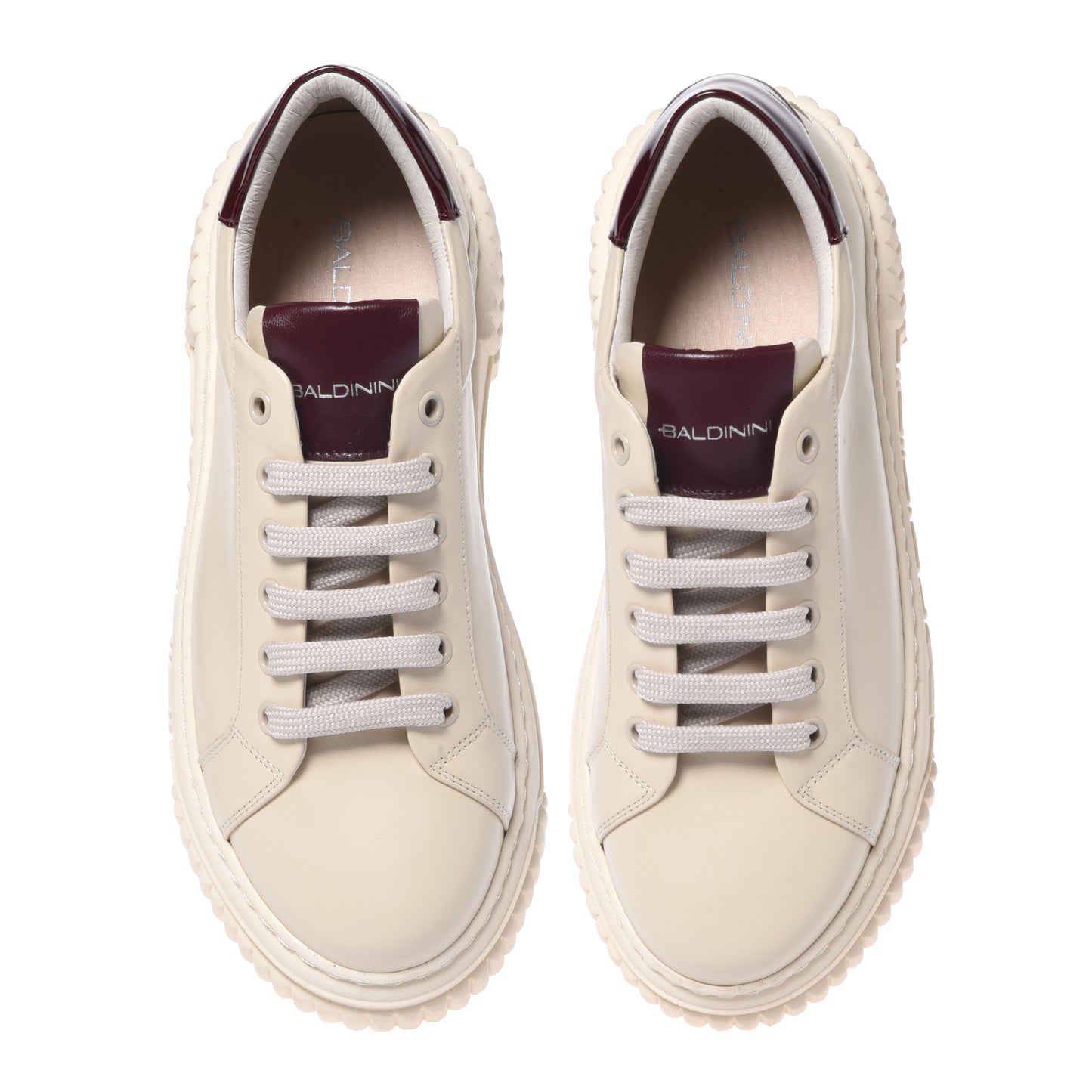 Vanilla leather and burgundy patent leather sneakers