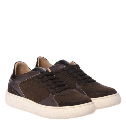 Dark brown suede and wool fabric sneakers