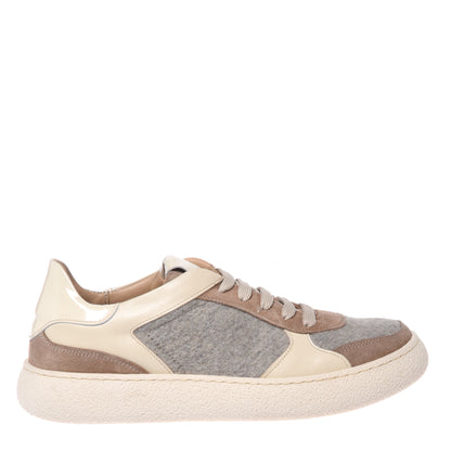 Beige suede and gray wool fabric sneakers