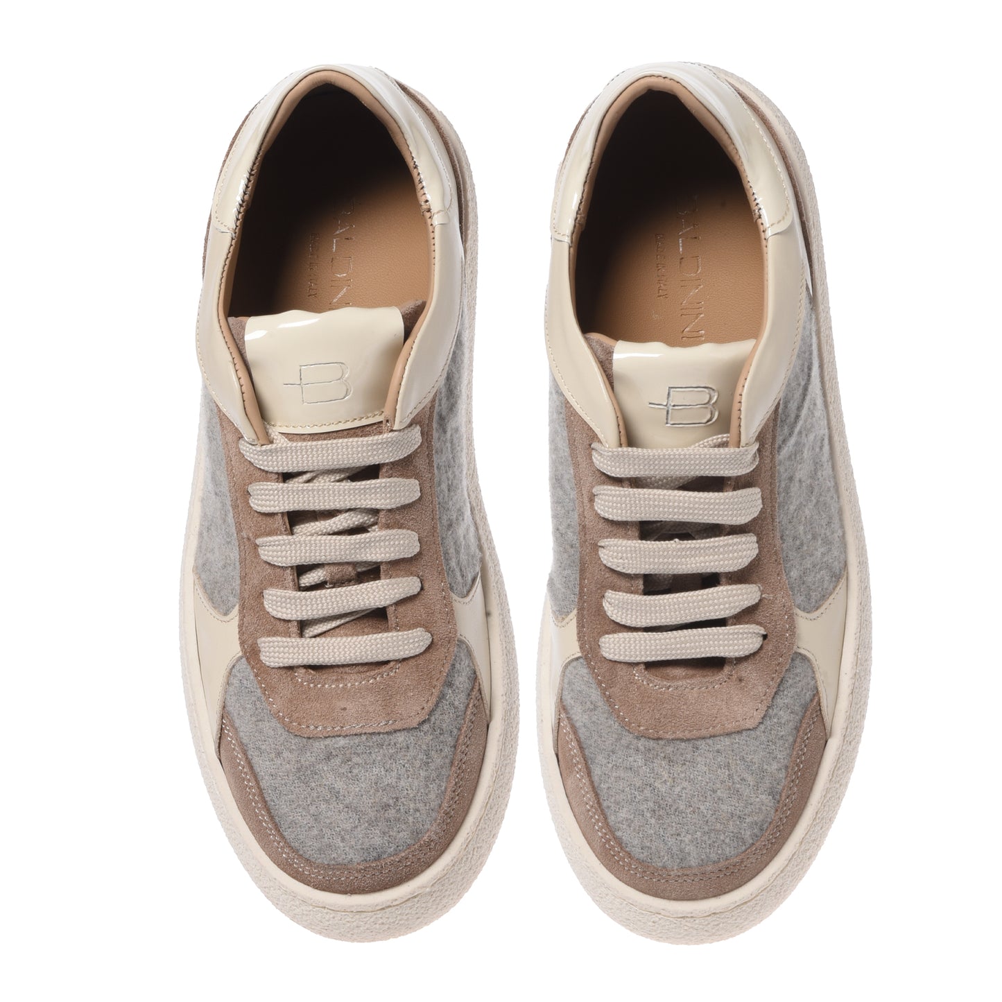 Beige suede and gray wool fabric sneakers