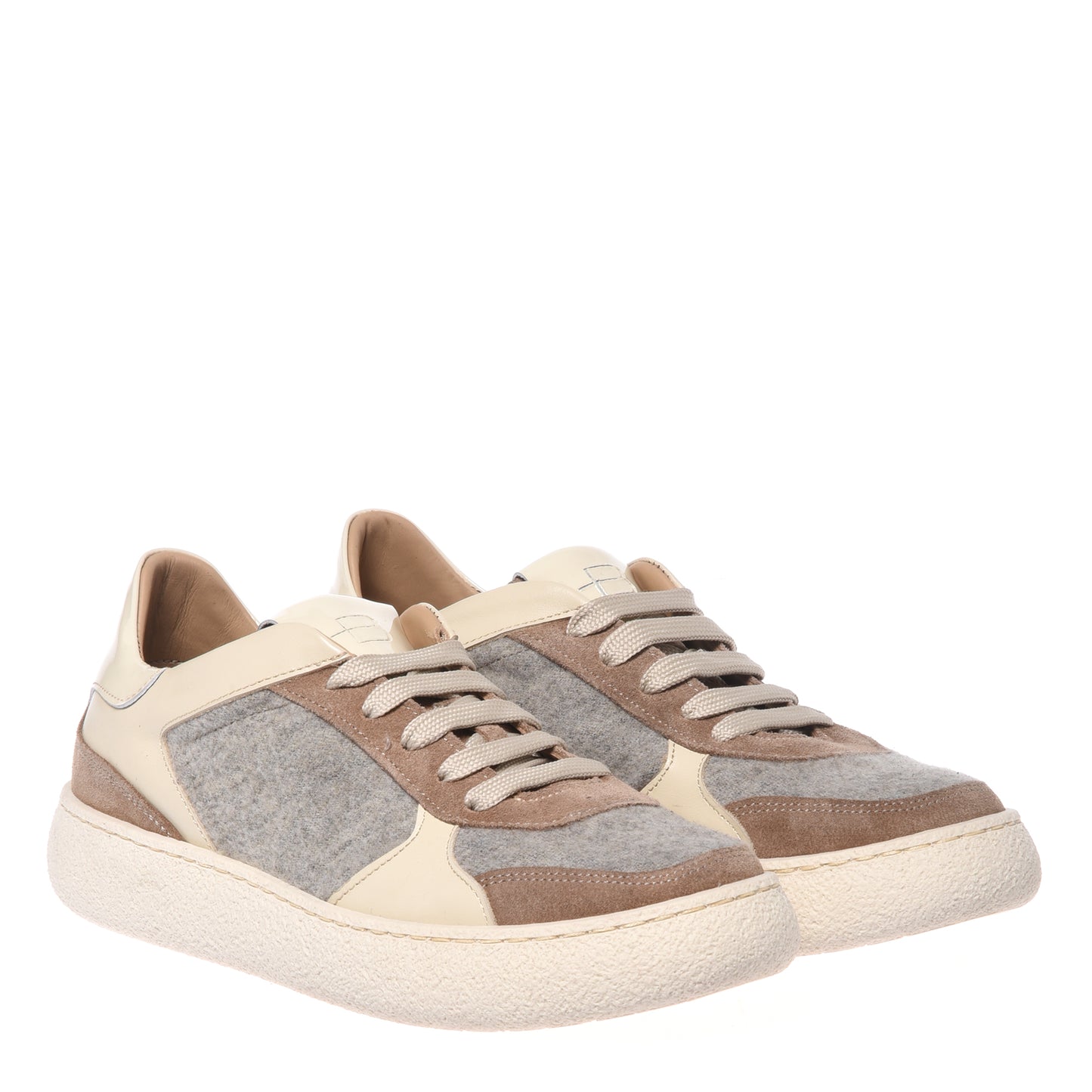 Beige suede and gray wool fabric sneakers